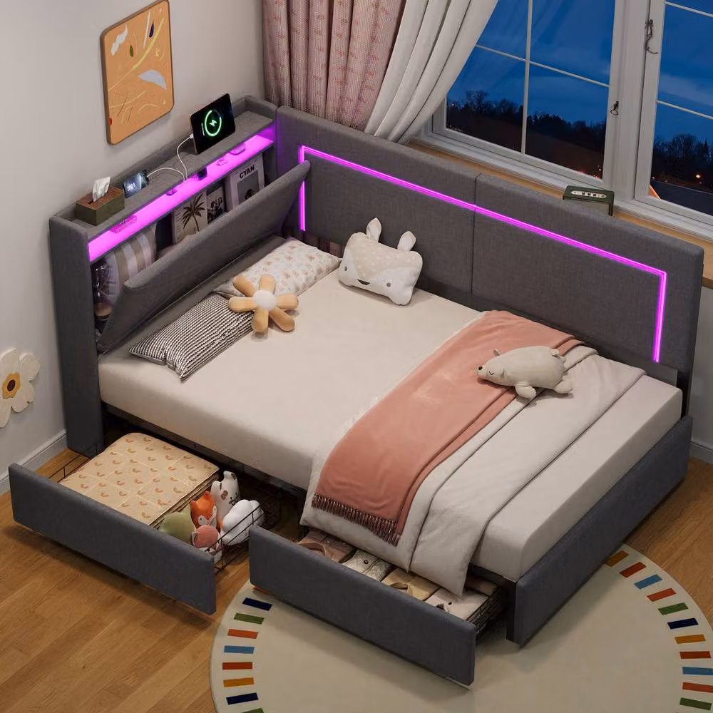ModernLuxe L-shaped single daybed in grey with LED storage headboard, USB charging port and 2 drawers, W/D/H: 204 x 100 x 101 cm – 3
