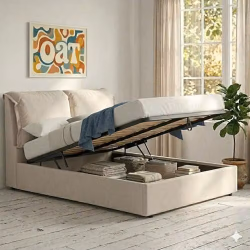 OAT Home Chester Upholstered Ottoman Storage Bed Frame with Pillow Headboard, Grey and Sand, W/D/H: 180 x 200 x 158 cm