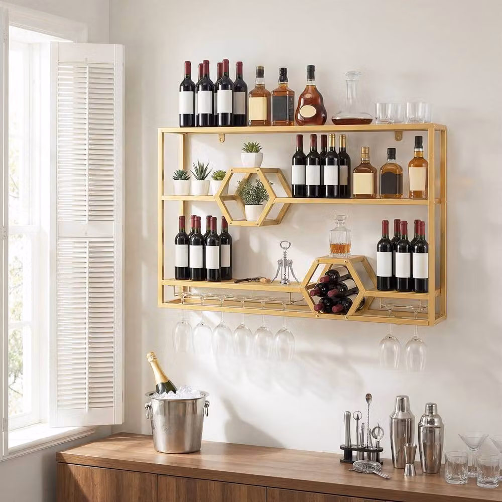 Costway Modern Gold Floating Bar Shelves, Wall Mounted Decorative Bottle Display Storage – 2