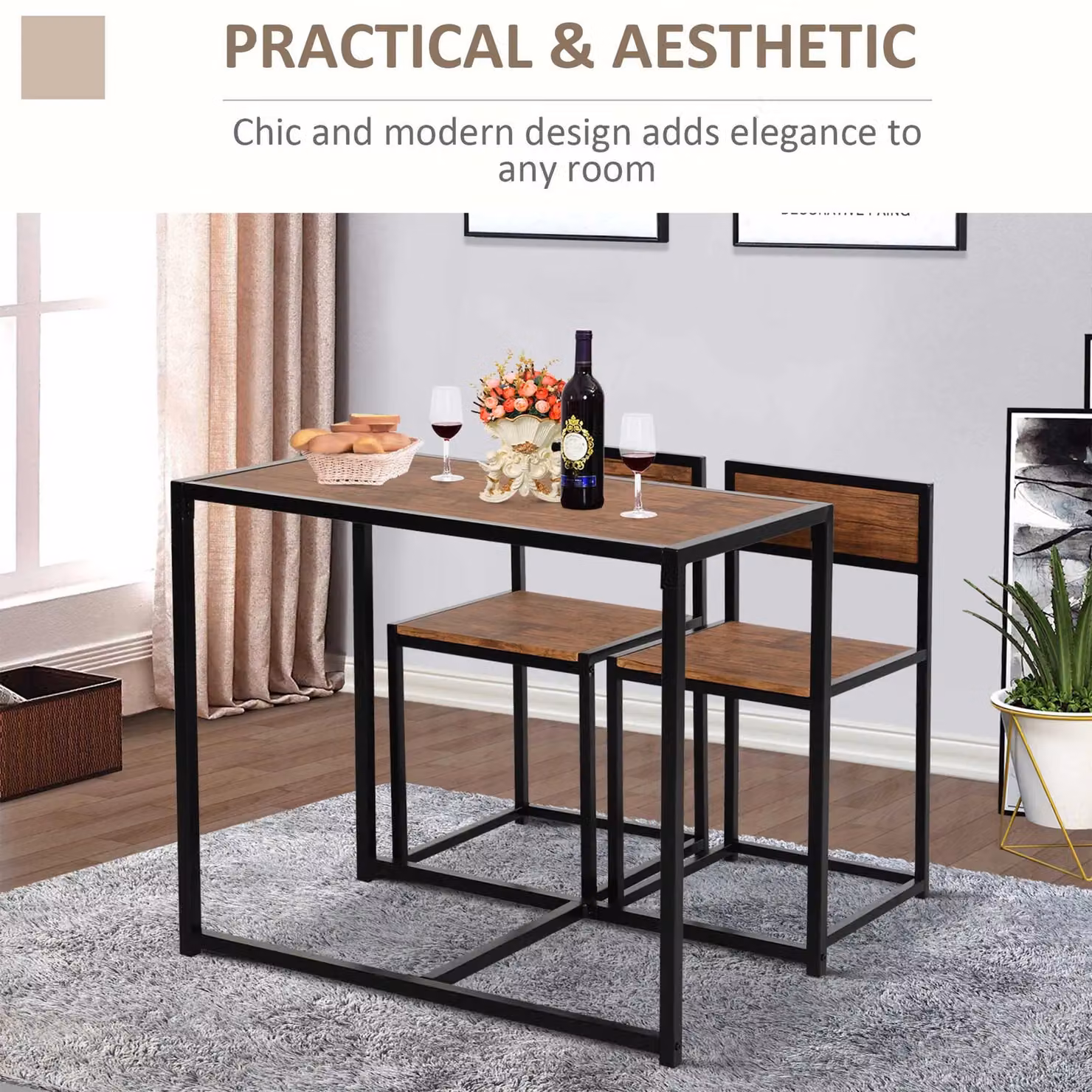 HOMCOM 3 Piece Industrial Dining Set with Rectangular MDF Table and Metal Sled Base Chairs in Brown and Black – 4