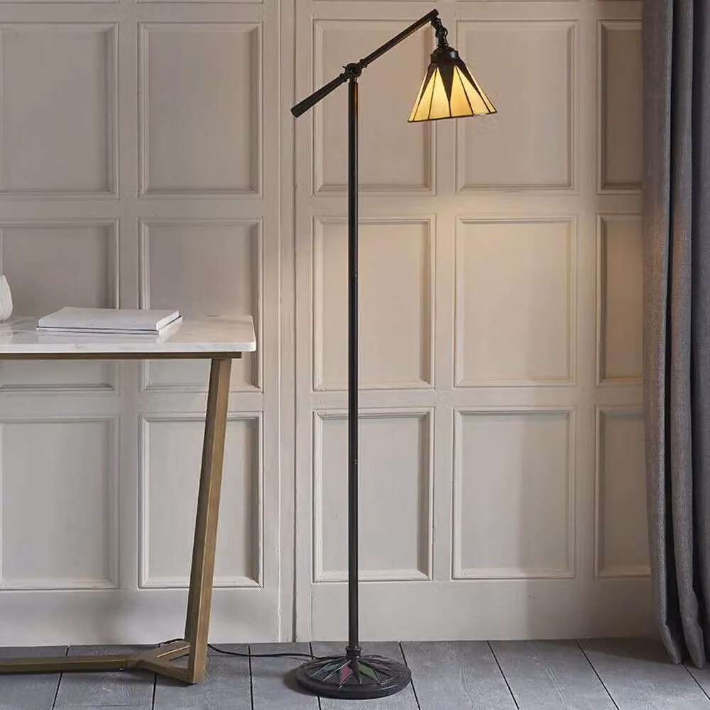 Loops Tiffany Adjustable Swing Arm Floor Lamp in Bronze and Multicolour Glass – 4