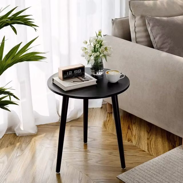 FORGEVIO Black Round Side Table with Matt Wood and Metal Finish, W/D/H: 42 x 42 x 51 cm – 1