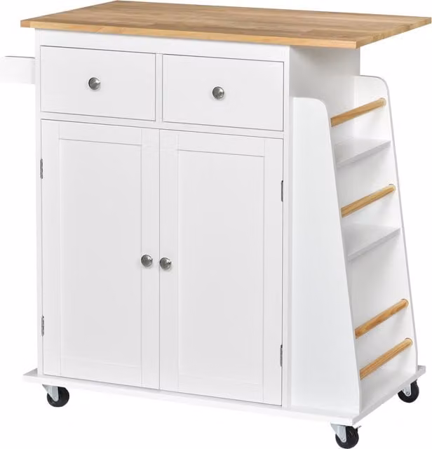 HOMCOM Kitchen Island Storage Cabinet Rolling Trolley with Rubberwood Top, 3-Tier Spice Rack and Drawers, White – 1