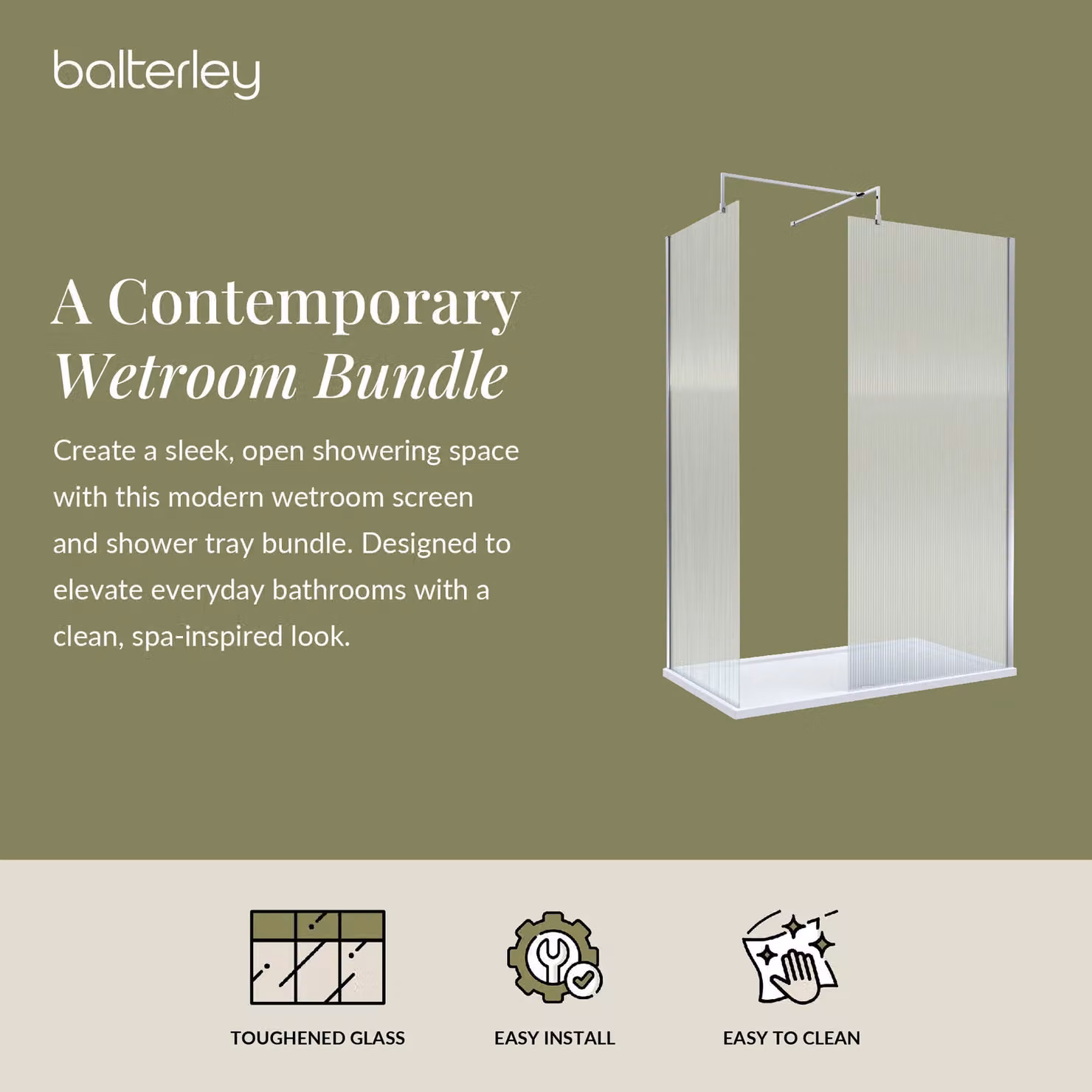 Balterley Fluted 8mm Glass Walk In Wetroom Screen and Shower Tray, Silver, W: 140 cm, D: 90 cm, H: 195 cm – 2