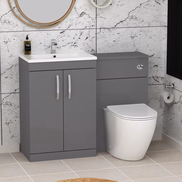 Royal Bathrooms Indigo Grey Gloss 2 Door Furniture Pack with Minimalist Basin and Slim Elva Back to Wall Toilet, W: 110 cm