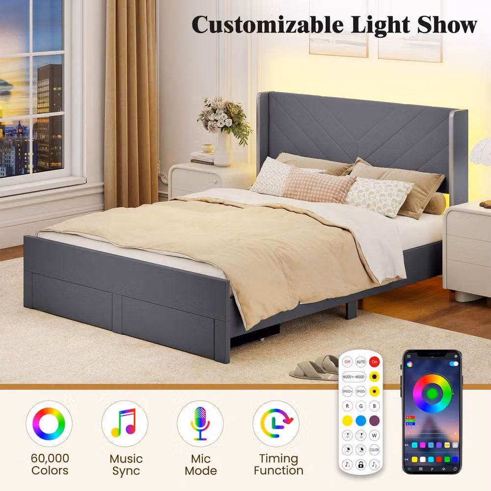 Costway King Size Upholstered Platform Bed Frame with LED Under-Bed Lighting and Drawers, Grey Velvet, 180 x 200 cm – 5