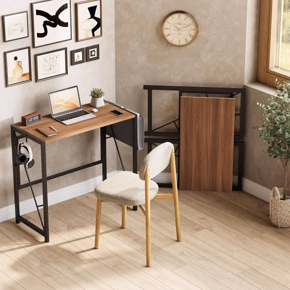London Boutique Folding Computer Desk with Side Pocket and Hooks in Brown – 7