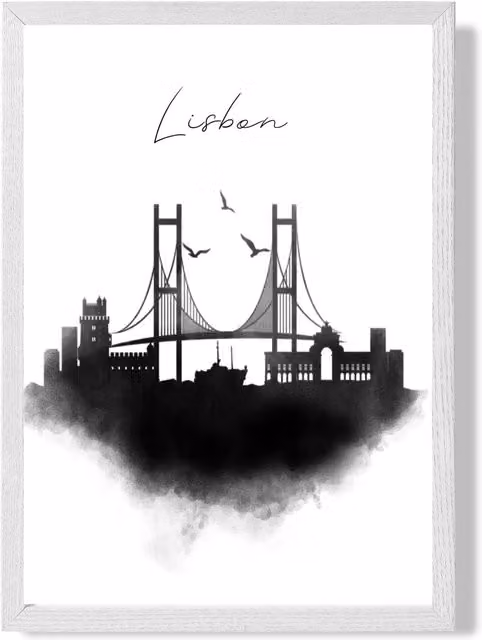 ARTZE Lisbon Watercolour Skyline City Framed Print, Black and White, A2 – 1