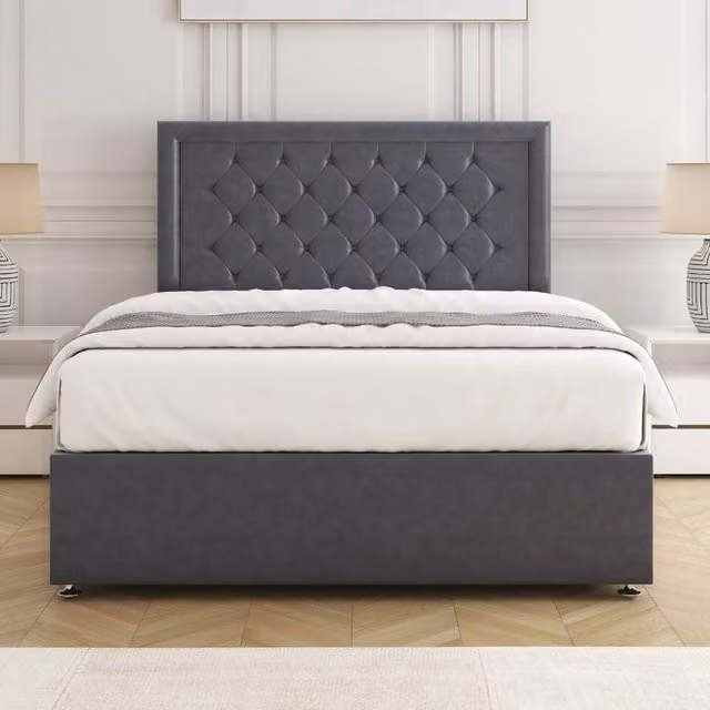 BSSPOKE Nova Plush Velvet Divan Bed Set with 24 inch Headboard and Mattress in Charcoal Grey, Super King, W/D/H: 200 x 200 cm – 1