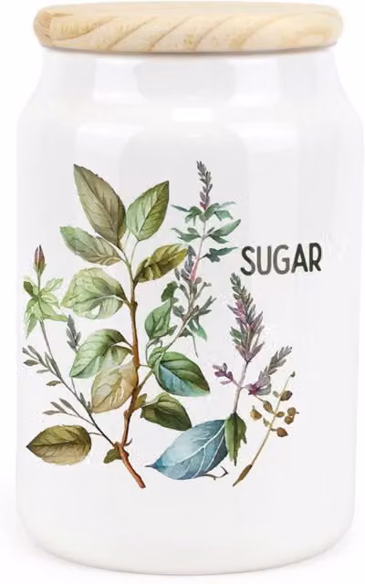 Purely Home Floral Watercolour Herbs Ceramic Sugar Storage Canister in Green and White
