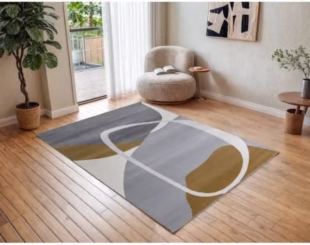 Stratus Interiors Maison Large Living Room Rug, Grey and Yellow Abstract Modern Plush Area Carpet, W: 290 cm, D: 200 cm