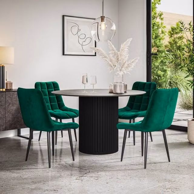 More4Homes Arlo Round Concrete Dining Table with Black Legs and 6 Green Nova Velvet Dining Chairs, W: 120 cm, H: 75 cm – 1