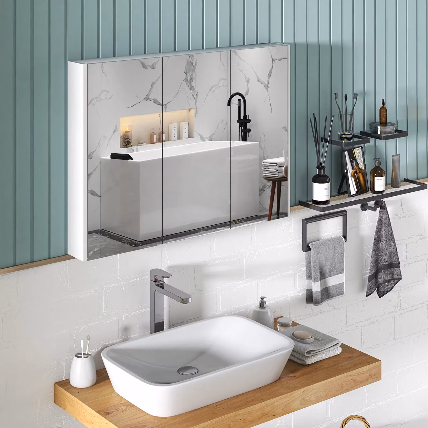 Costway Wall-Mounted White Glossy Bathroom Mirror Cabinet with 3 Hinged Glass Doors and Adjustable Internal Shelves – 2