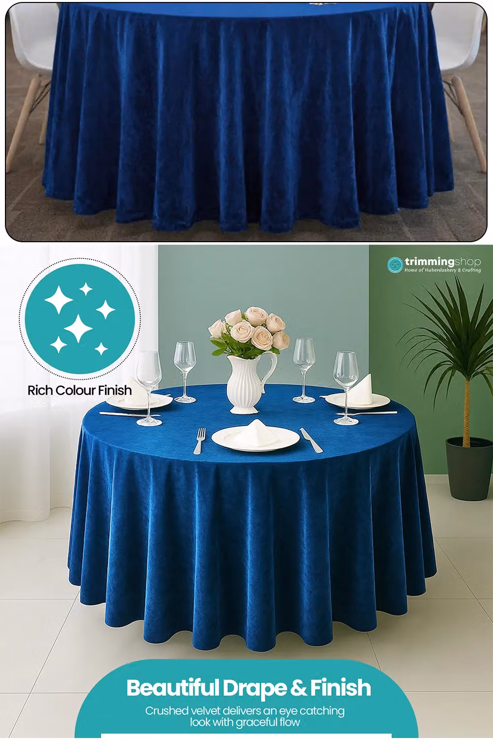Neel Blue Diamond Velvet Round Tablecloth in Royal Blue, Diameter: 304.8 cm – 4
