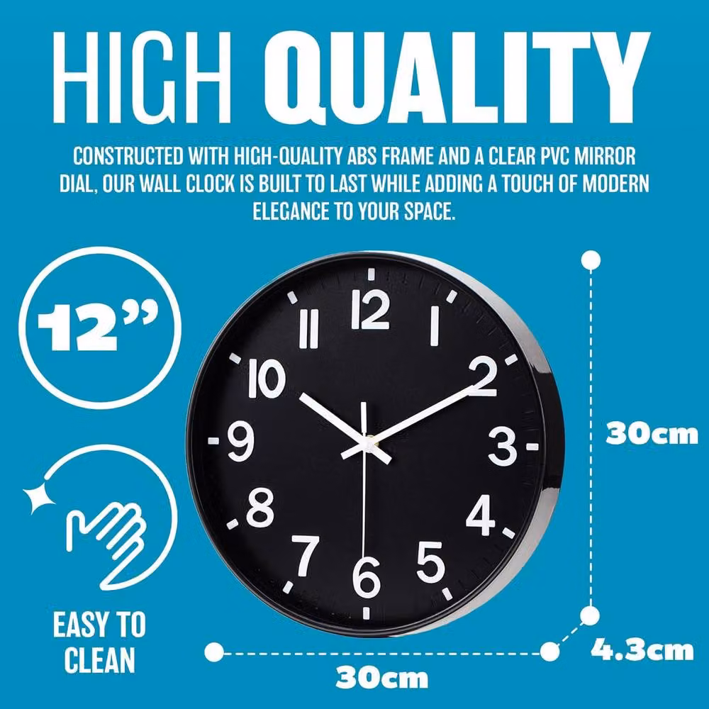 BARGAINS-GALORE Black Modern Round Quartz Wall Clock with Silent Analog Movement, Diameter: 30.48 cm – 3