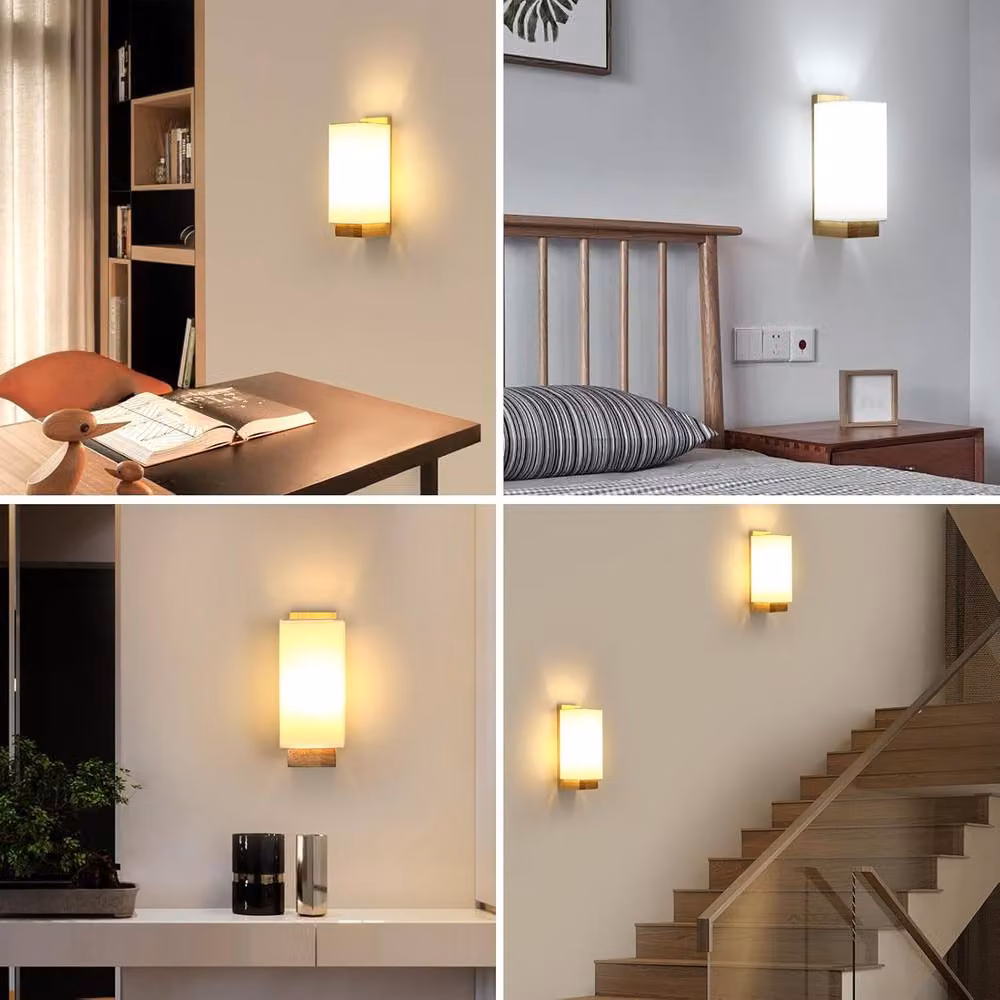 Goeco Modern E27 Wall Lamp with Glass Lampshade and Wood Accents in White and Brown – 4