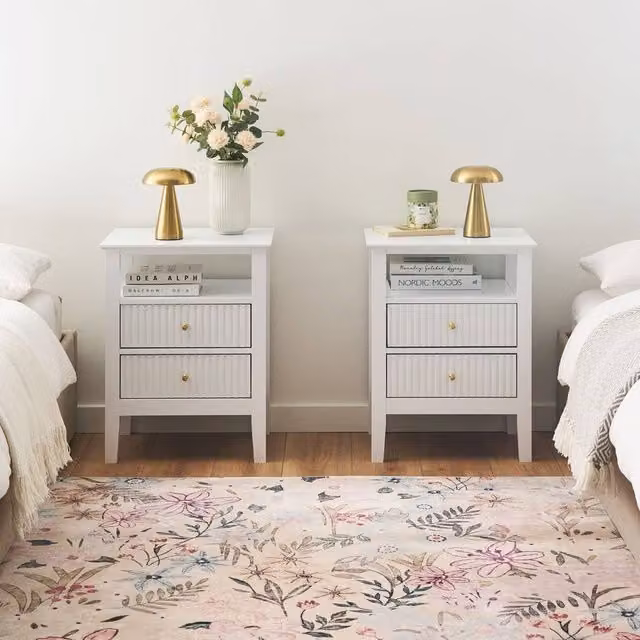 Wyld Haus Modern White Lacquered Bedside Table Set with 2 Soft Close MDF Drawers and Gold Handles