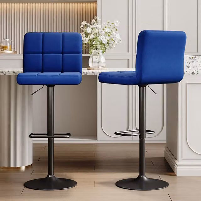 Komore Set of 2 Blue Velvet Adjustable Bar Stools
