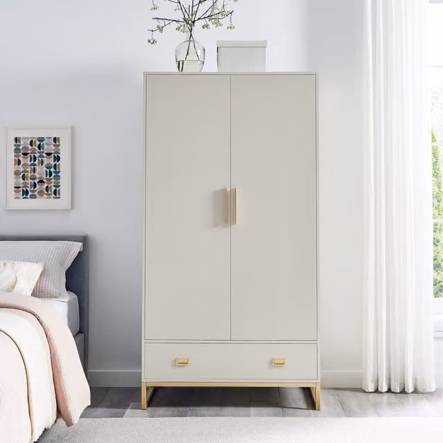 Melody Maison Modern Double Wardrobe with Internal Drawers in Beige and Gold