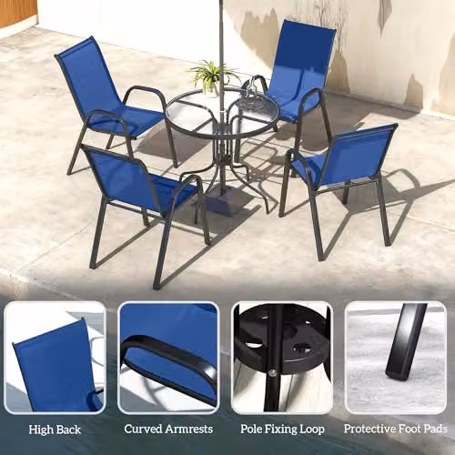 Outsunny 5 Piece Garden Dining Set with Round Glass Table and Stackable Chairs in Blue – 5