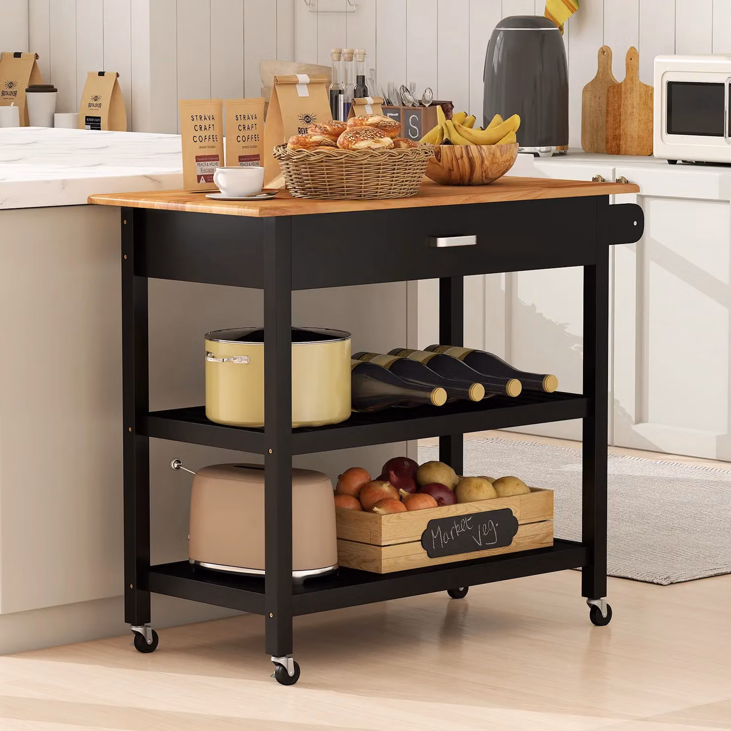 Costway 3-Tier Rolling Kitchen Island Utility Cart with Wood Countertop in Black – 5