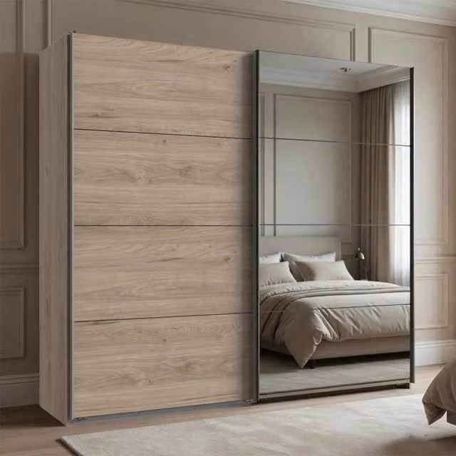 Ernie 225cm Sliding Wardrobe in Hickory Oak with Mirror and Internal Shelving