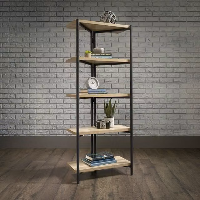 Teknik Industrial Style Four Shelf Open Back Bookcase in Brown with Metal Accents