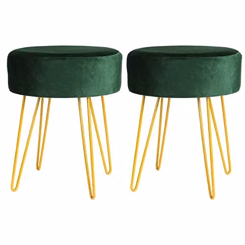 Harbour Housewares Pack of 2 Round Velvet Footstools in Green with Gold Legs, H41 x D35 cm – 1