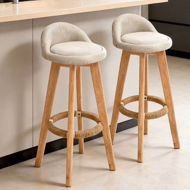Ventryn Set of 2 Low Back Bar Stools in Beige Fabric and Wood for Kitchen Islands or Breakfast Bars