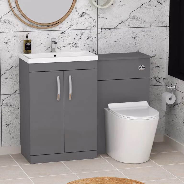 Royal Bathrooms Modern Turin Indigo Grey Gloss 2-Door Mid-Edge Basin and Cesar Back to Wall Toilet Pack, Width: 110 cm