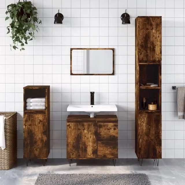 Berkfield Home Bathroom Cabinet in Smoked Oak Brown, W/D/H: 65 x 33 x 60 cm