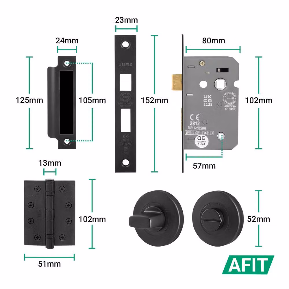 AFIT Matt Black Stainless Steel Fire Rated Return to Door Handles with Bath Lock and 64mm Hinges, W/D/H: 15 x 15 x 15 cm – 3