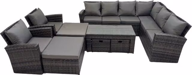 Fimous 9 Piece Outdoor Garden Sofa Set in Grey with Oblong Coffee Table and Ottomans