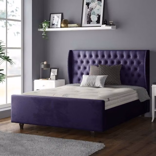 IH Design Chesterfield Upholstered Velvet Bed Frame in Purple, W/D/H: 90 x 190 cm