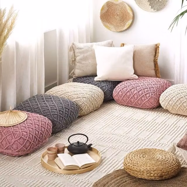 Wyld and Coco Beige Macramé Cotton Floor Cushion, W/D/H: 50 x 50 x 20 cm