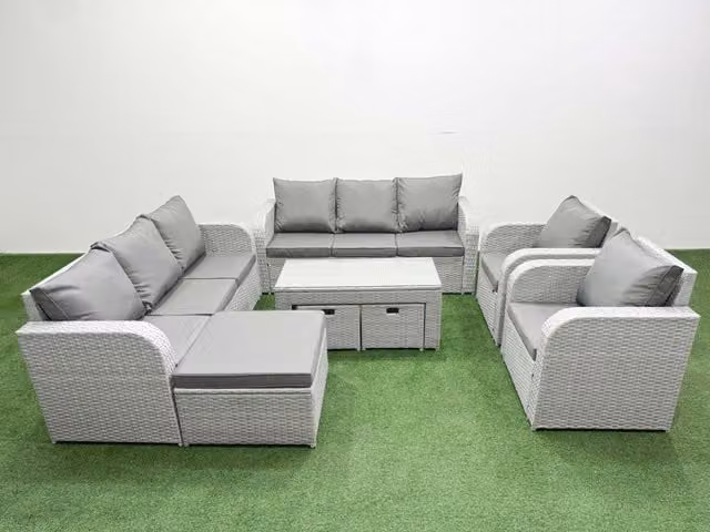 Fimous PE Rattan High Back Lounge Sofa Set in Light Grey with 3 Seater Sofa, Reclining Chair, 3 Stools and Oblong Coffee Table
