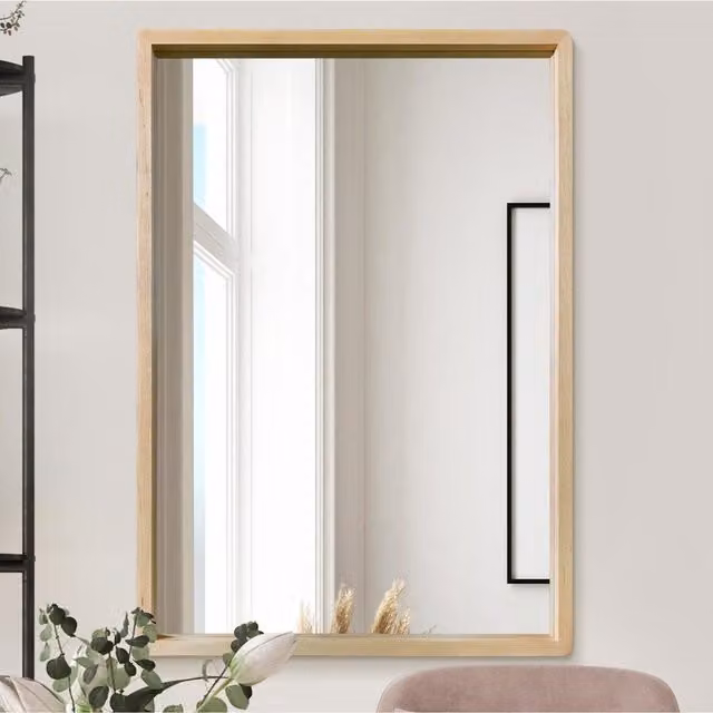 MirrorOutlet Solid Oak Rectangular Wall Mirror with Rounded Corners in Brown