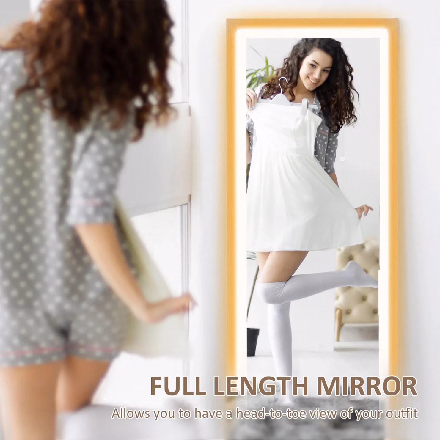 HOMCOM Dimmable Full Length Mirror with LED Lights, Light Oak, H 160 x W 40 cm – 4