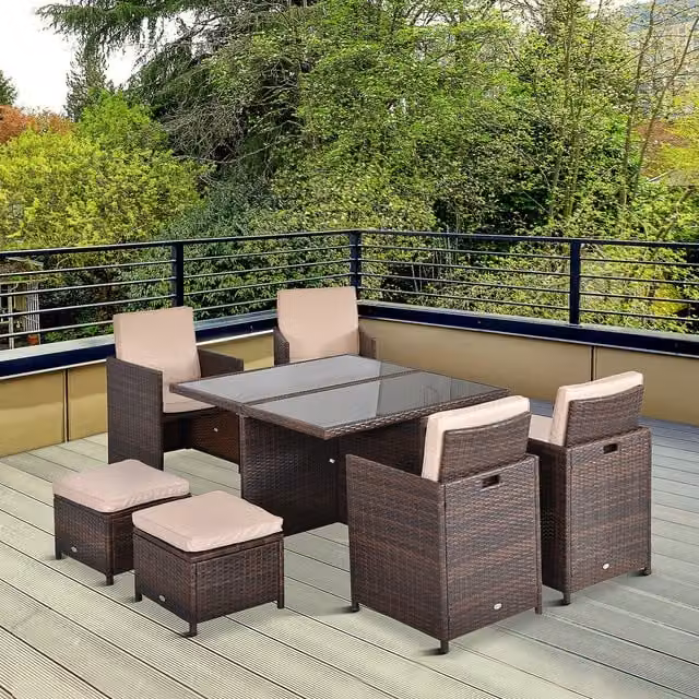 Outsunny 9 Piece Modern Brown Rattan and Metal Garden Dining Set with Glass Table