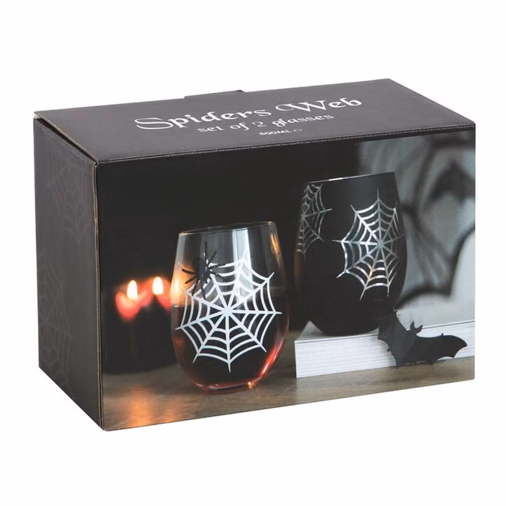 Uniqueful Set of 2 Spider and Web Stemless Wine Glasses, 550ml, Transparent with Black and Silver Details – 3