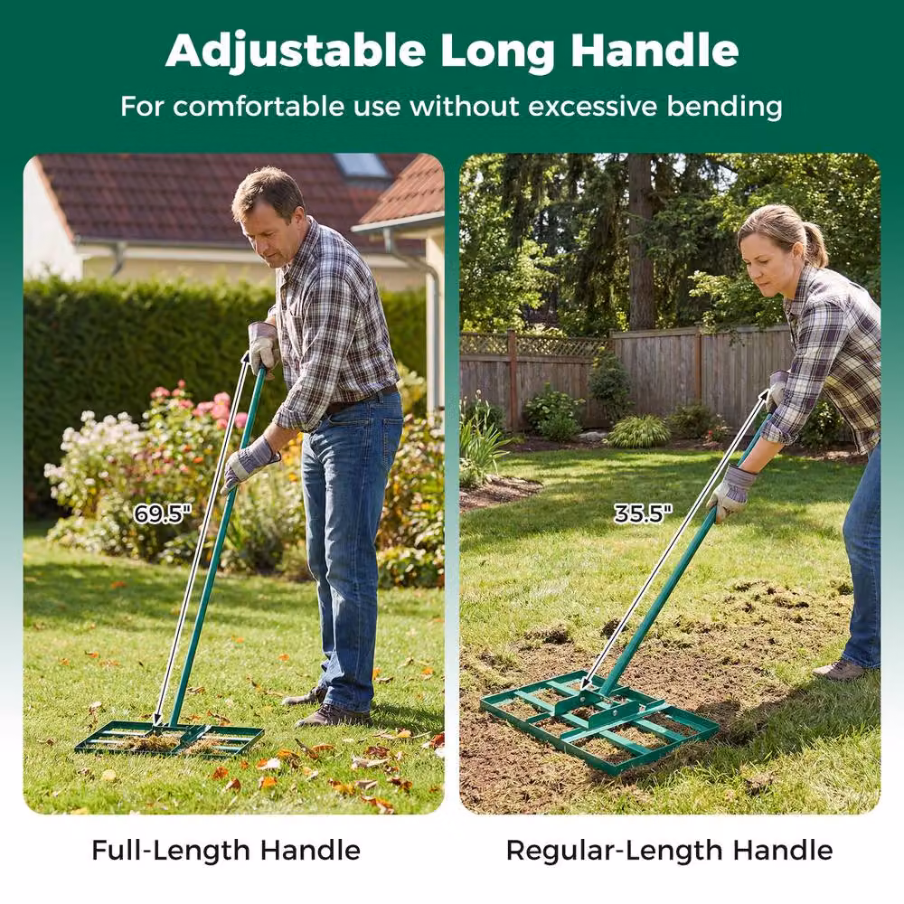 Costway Heavy-Duty Metal Lawn Leveling Rake with Adjustable Handle in Green – 4