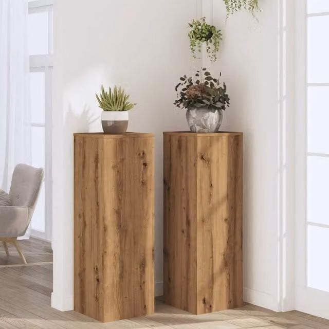 Berkfield Home Set of 2 Artisan Oak Plant Stands in Brown, W/D/H: 33 x 33 x 100 cm