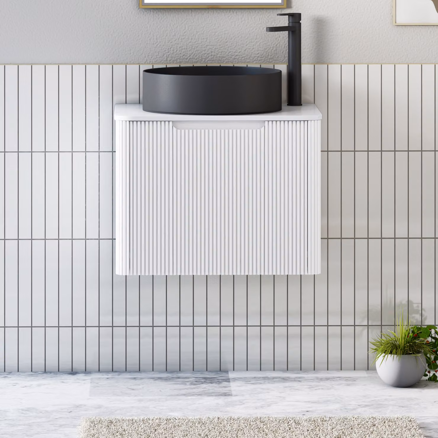 Royal Bathrooms Avenza Matt White Wall Hung Vanity Unit with 1 Drawer and Plain White Stone Worktop