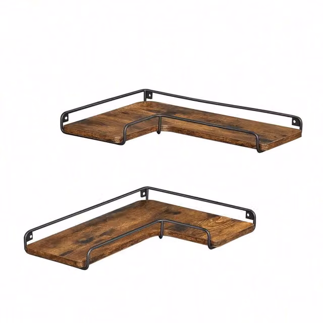 VASAGLE Set of 2 Industrial Style Corner Floating Wall Shelves in Bronze and Brown