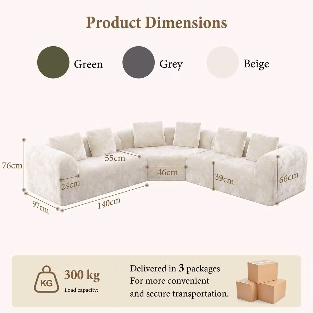 Dprodo Modular L-Shaped Chenille Corner Sofa in Beige with Scatter Cushions – 2