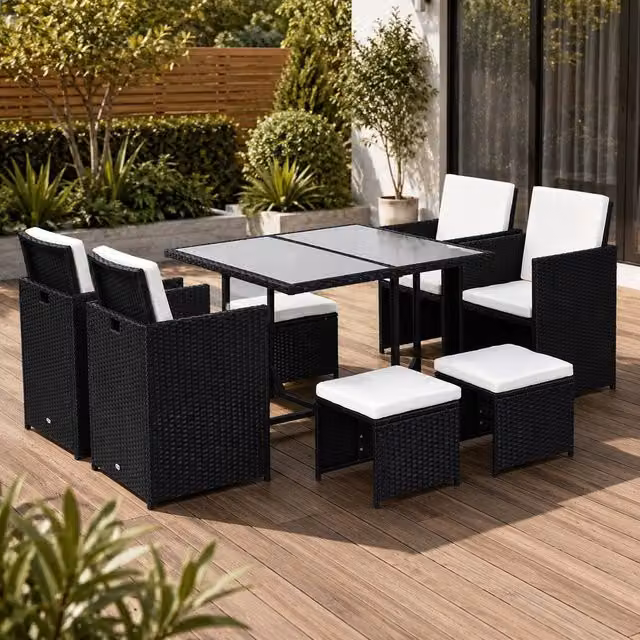 STILVORA 8-Seater Modern Dining Set in Black with Metal and Rattan Design