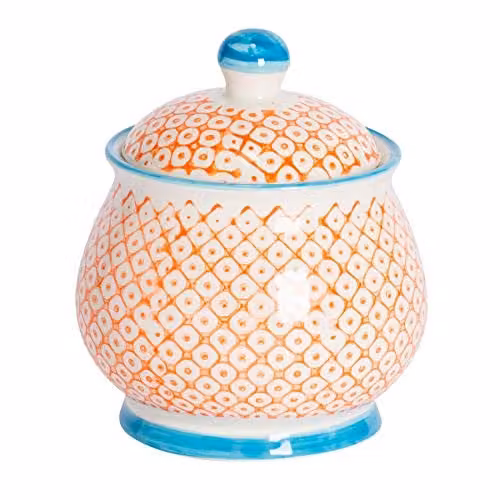 Nicola Spring Geometric Patterned Porcelain Sugar Bowl with Lid in Orange or Blue