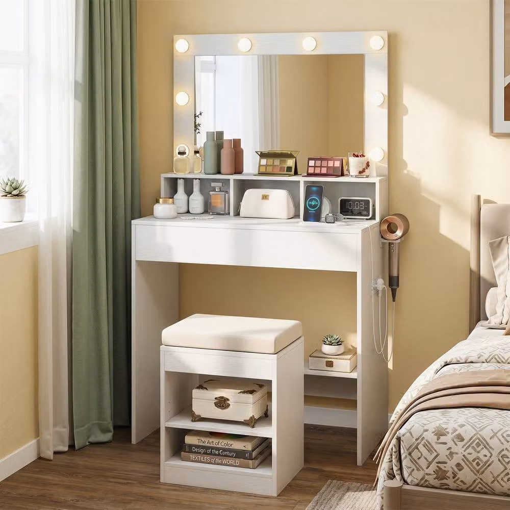 Costway Makeup Vanity Desk Set with Hollywood LED Mirror, Stool and Drawer in White – 4