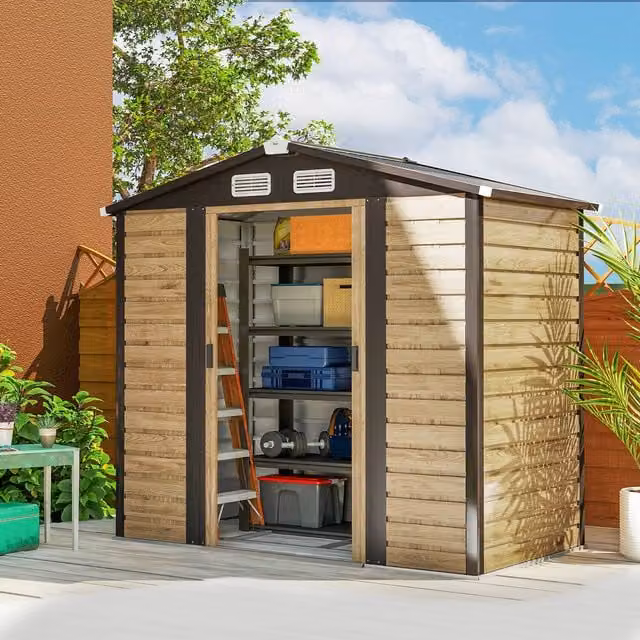 Outsunny Galvanised Steel Metal Garden Shed with Lockable Sliding Doors and Side Vent, Sand/Brown, W/D/H: 213.36 x 122.0 x 121.92 cm