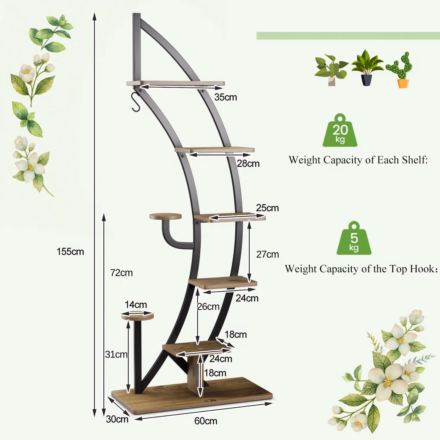 Costway 8-Tier Curved Half Moon Plant Stand Metal Ladder Flower Shelf with Hook in Natural Brown – 2